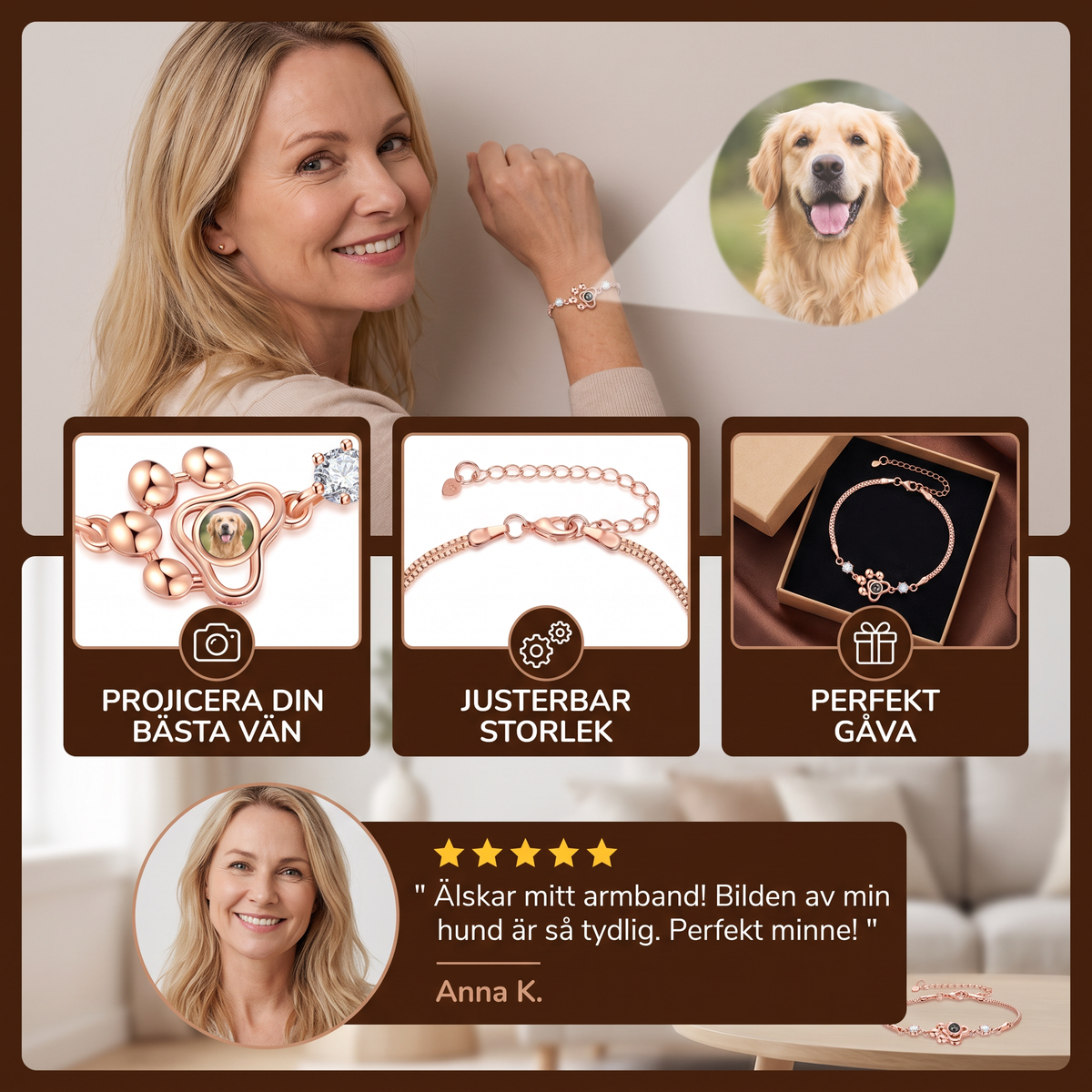 Personligt tassfotoarmband med projektion