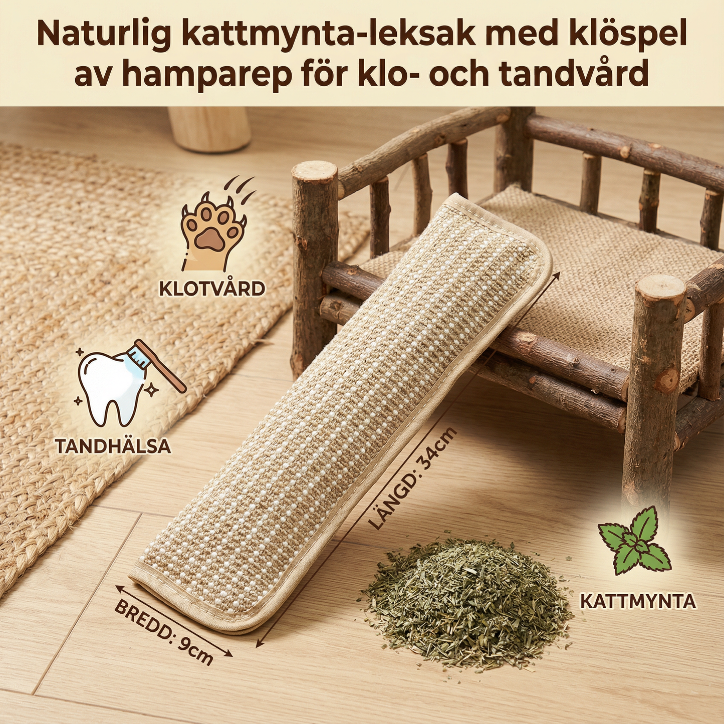 Naturlig kattmynta-leksak med klöspel av hamparep för klo- och tandvård