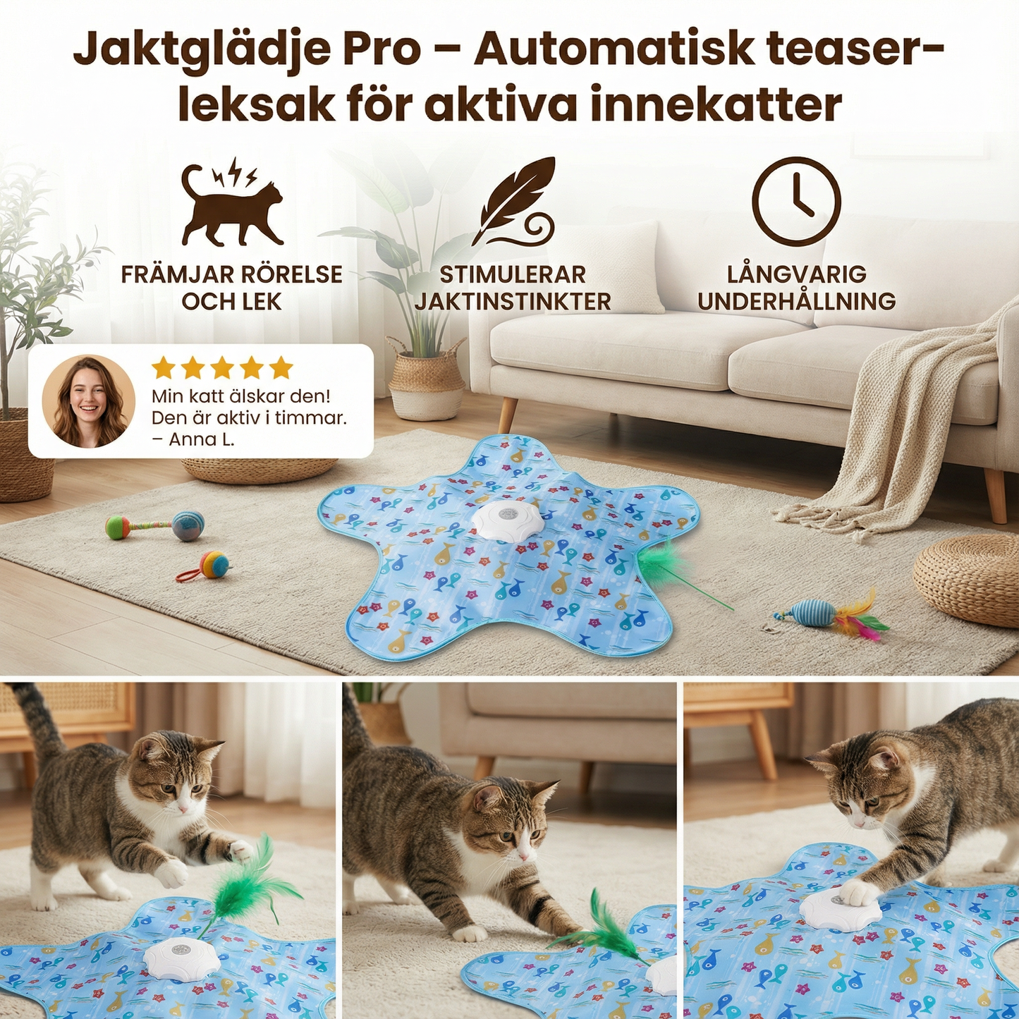 Jaktglädje Pro – Automatiskt teaser-leksak för aktiva innekatter