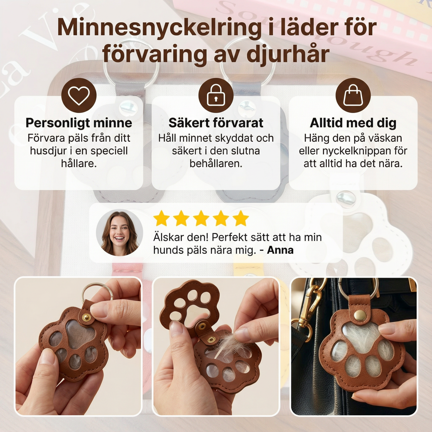 Minnesnyckelring i läder för förvaring av djurhår