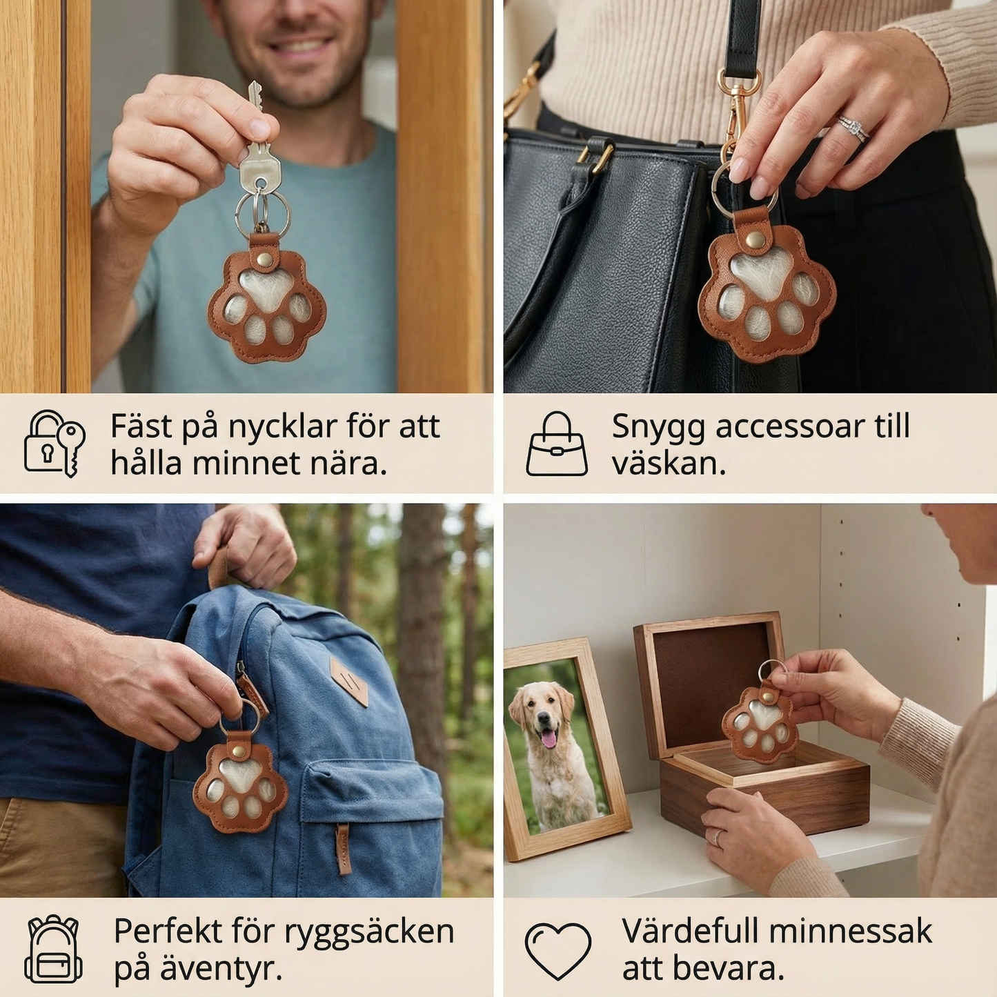 Minnesnyckelring i läder för förvaring av djurhår
