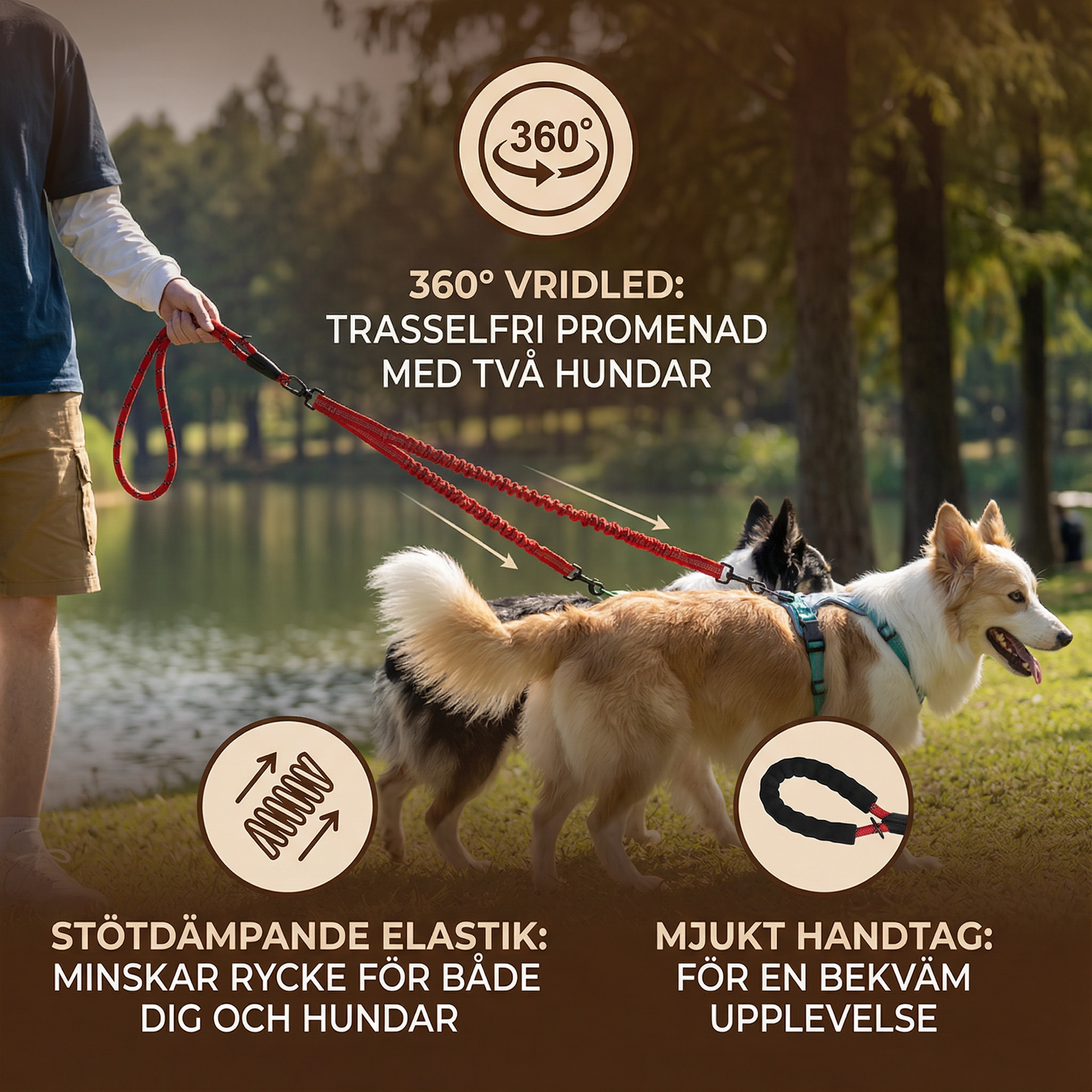 2-i-1 hunddubbellina med 360° vridled – Trasselfri & stötdämpande