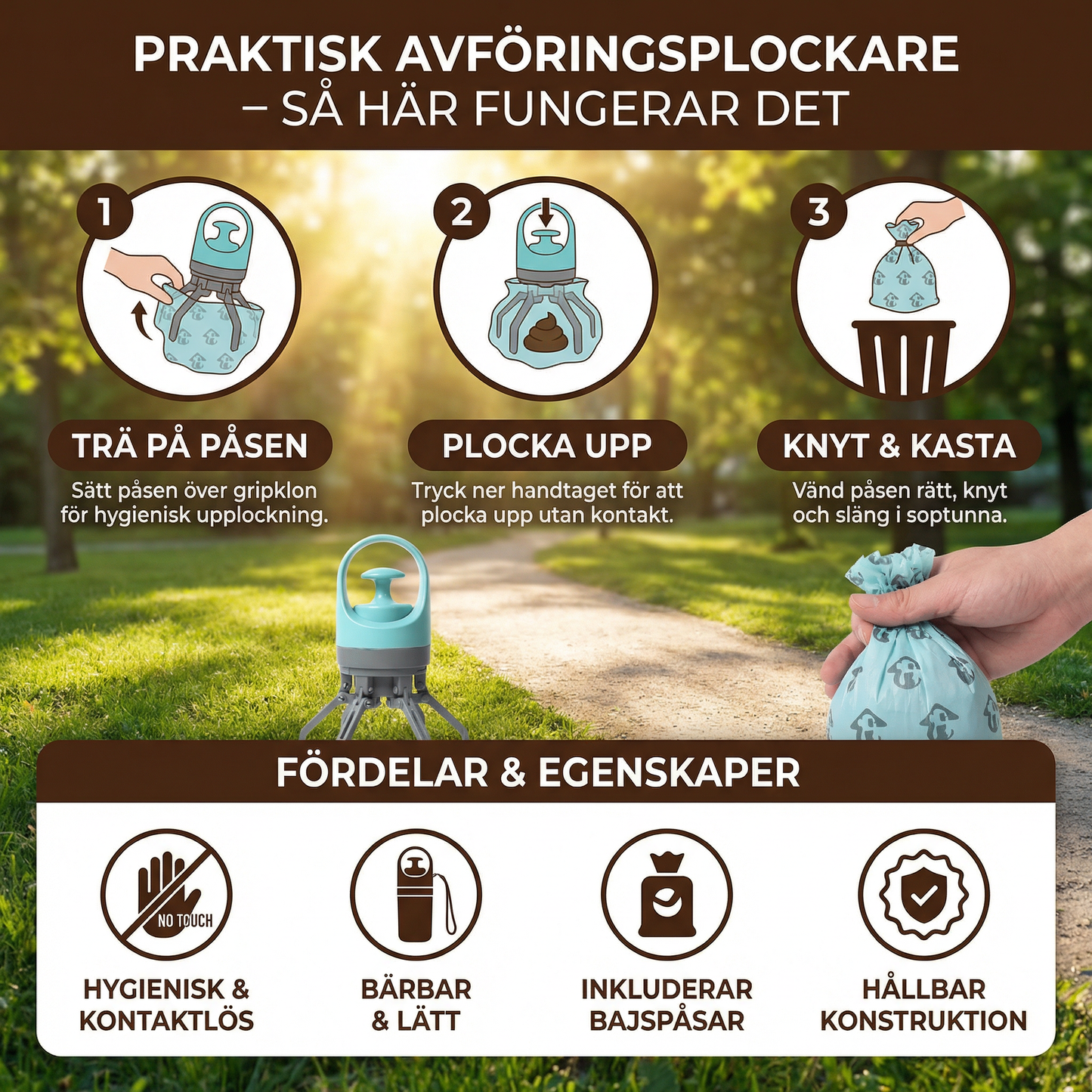 Praktisk avföringsplockare med bajspåsar – bärbart utomhusset
