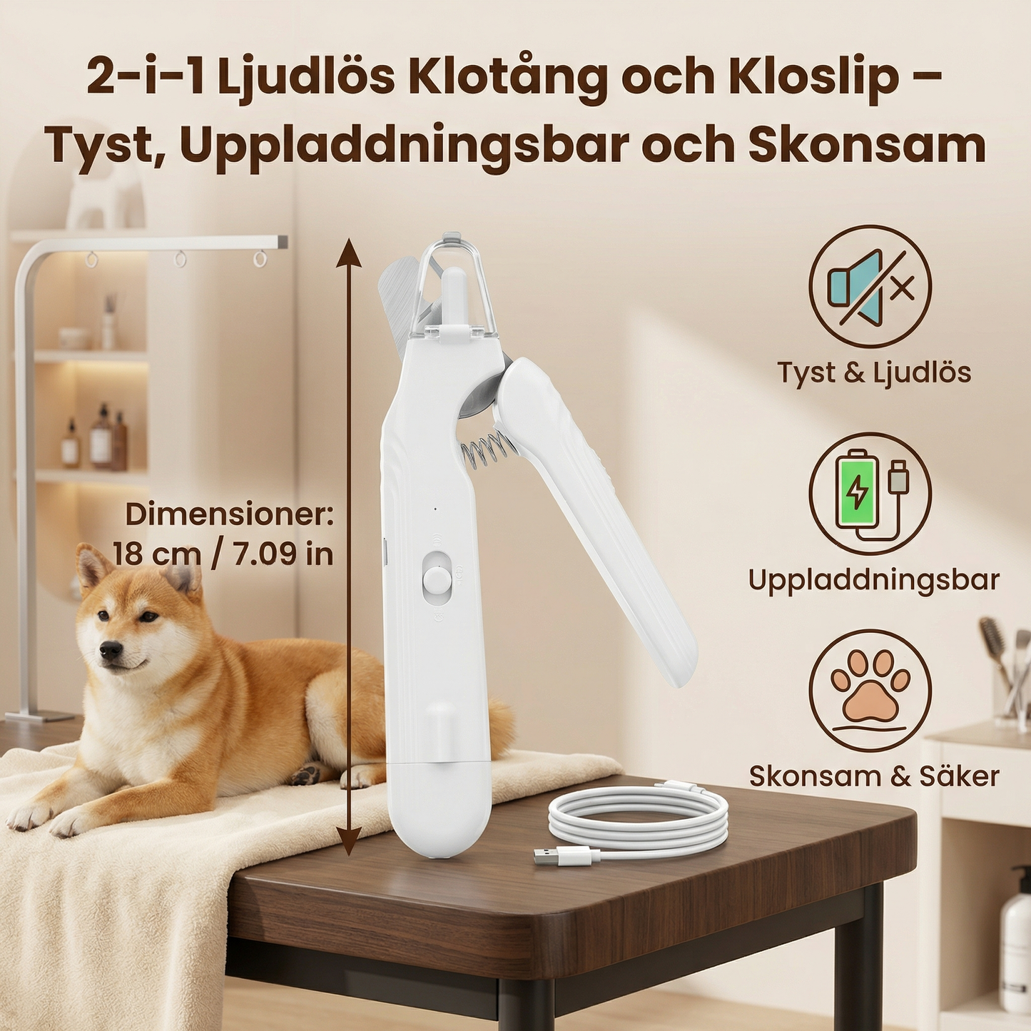 2-i-1 Ljudlös klotång och kloslip för hundar – tyst, uppladdningsbar och skonsam
